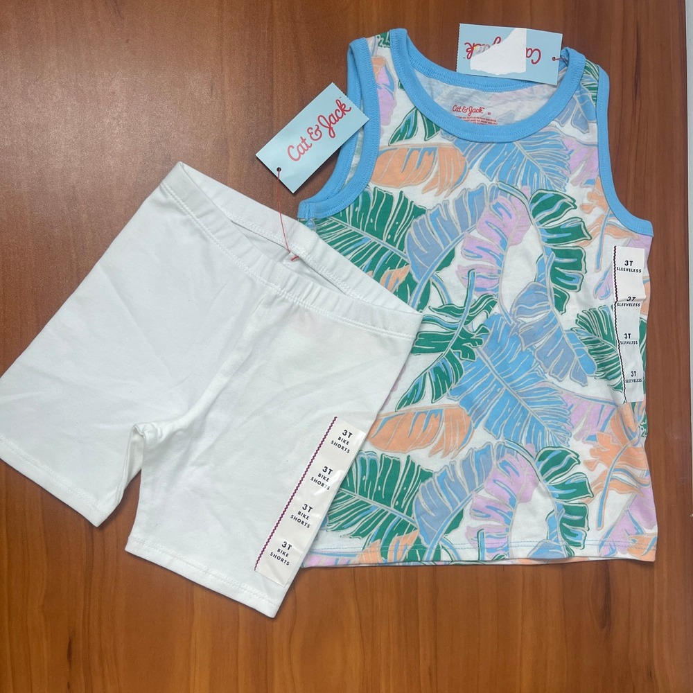 Cat & Jack Girls 3T Tropical Palm Leaf Tank Top andβ White Bike Shorts Set NEW